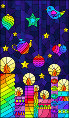 An illustration in the style of a stained glass window on the theme of New year and Christmas with bright curly candles and Christmas tree toys on a blue background