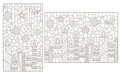 A set of contour illustrations in the style of stained glass with candles and Christmas tree toys, dark contours on a white background