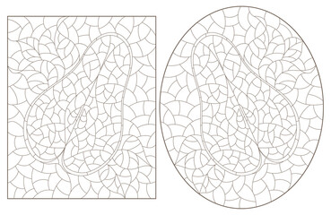 A set of contour illustrations in the style of stained glass with pear slices, dark contours on a white background