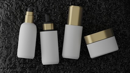 3d rendering mockup of a skincare bottle for beauty with a white bottle and a sparkling golden cap