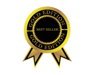 vector design of a round label or tag in black and yellow gold and two ribbons at the bottom and also the words GOLD EDITION and BEST SELLER