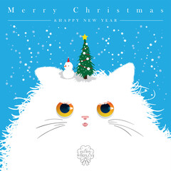 Fluffy white cat transforms into snow and celebrates merry Christmas.
