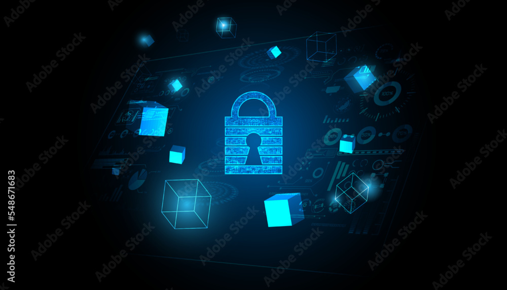 Aufkleber abstract padlock cyber security blockchain hack prevention by blockchain, security, on blue backgrou