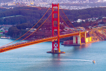Southern section of Golden Gate Bridge with cityscape