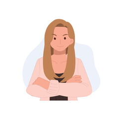 Confident, happy female character. successful girl with arms crossed. Vector flat illustration