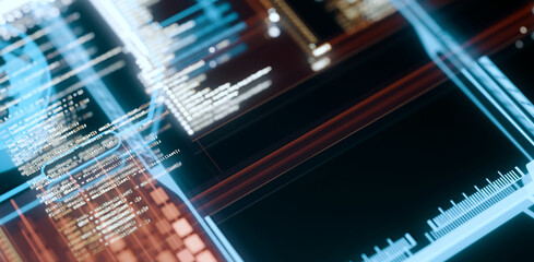 3D Rendering of Digital abstract technology. Computer software script binary coding snippet with futuristic elements background. For deep machine learning, crypto currency, Big data visualization