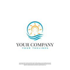 Obraz premium logo illustration of a view on the sea with the sun rising or setting in modern line art style