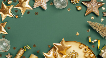 Merry Christmas and Happy New Year rich golden and crystal festive ornaments. stars glitter and...