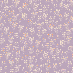 Seamless pattern with small, tiny wildflowers on a light purple background.