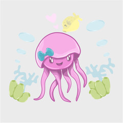 Cartoon about jellyfish under the sea and friends, white background, vector, illustration, cartoon, jellyfish, sea