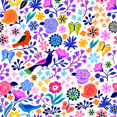A pattern of a fabulous pattern of flowers and birds in lilac tones.