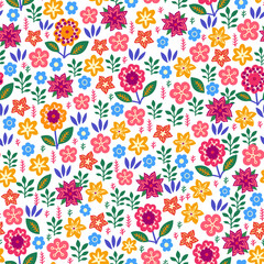 Fototapeta na wymiar Amazing seamless floral pattern with bright multicolored flowers and leaves on a white background. An elegant template for fashionable prints. Modern floral background. Folk style.