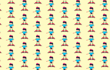 Cute kid playing skateboard seamless pattern in childish style. Vector Illustration. Can be used for fabric and textile, wallpapers, backgrounds, home decor, posters, cards.