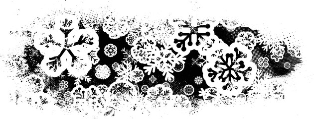 Grunge texture with snowflakes. Useful for social media, banners, Christmas cards, brochures, templates. Overlay texture made with snow flakes and halftone dots. Vector