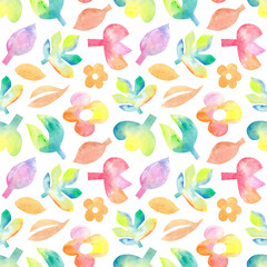 Watercolor seamless pattern of simple rainbow flowers. Simple repeat print, packaging, digital paper. Summer, spring, holiday, childhood