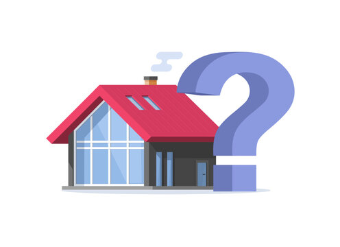House home quiz question mark icon vector or help in doubt problem of real estate building choosing decision 3d graphic illustration, property purchase search valuation, evaluation advice assist image