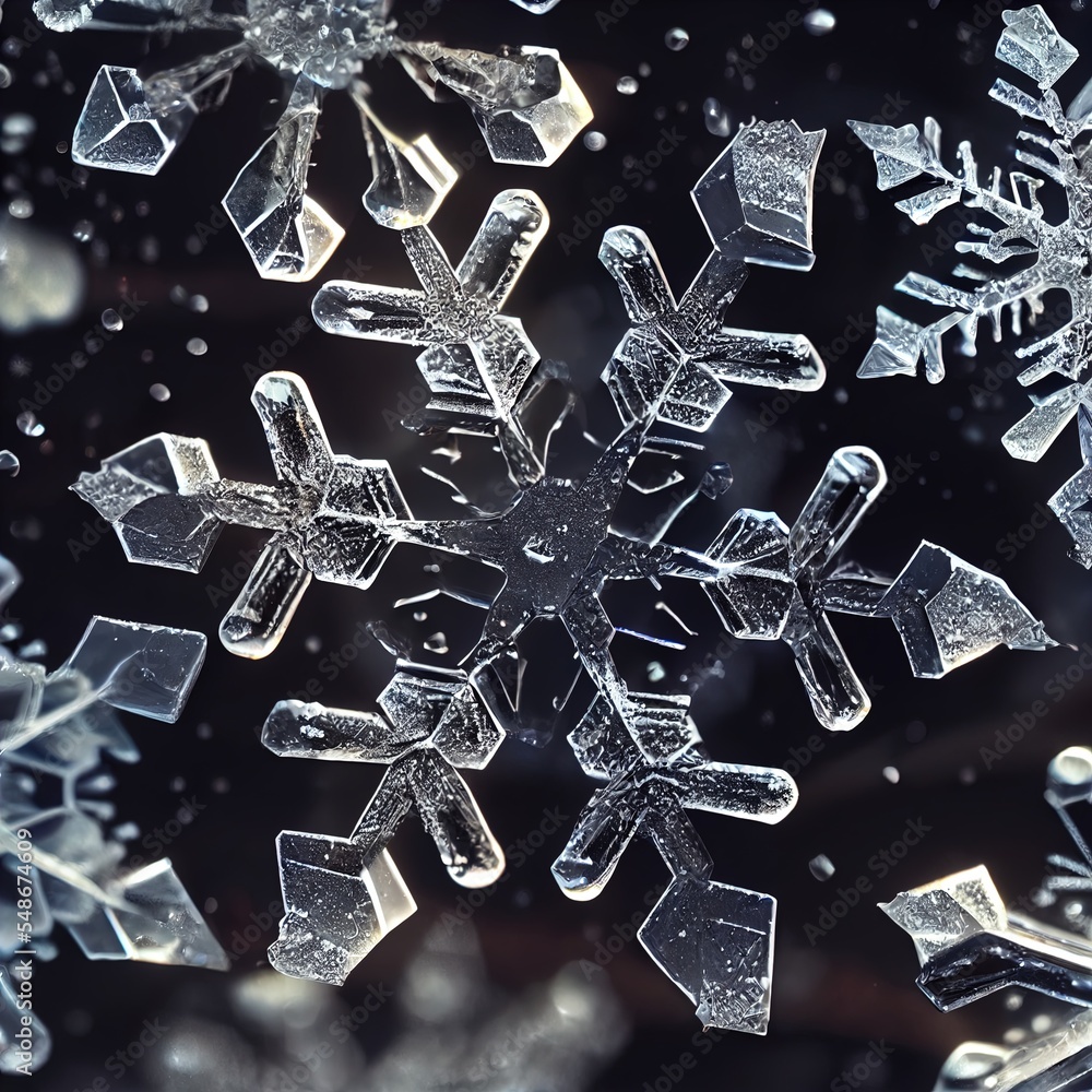 Poster a close up of a snowflake on a black background, with the intricate details of the snowflake clearly