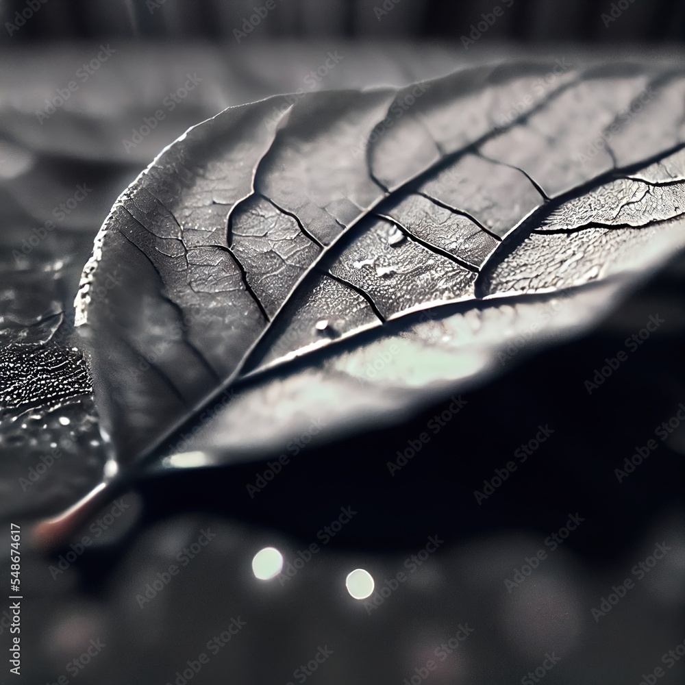 Poster a leaf with water droplets on it laying on a surface with a black and white background and a light r