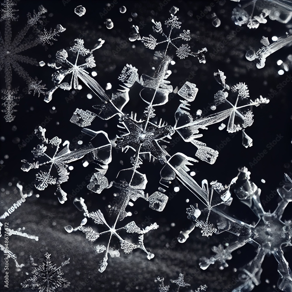 Poster a snowflake is shown in black and white with snow flakes on it and snow flakes on the ground generat
