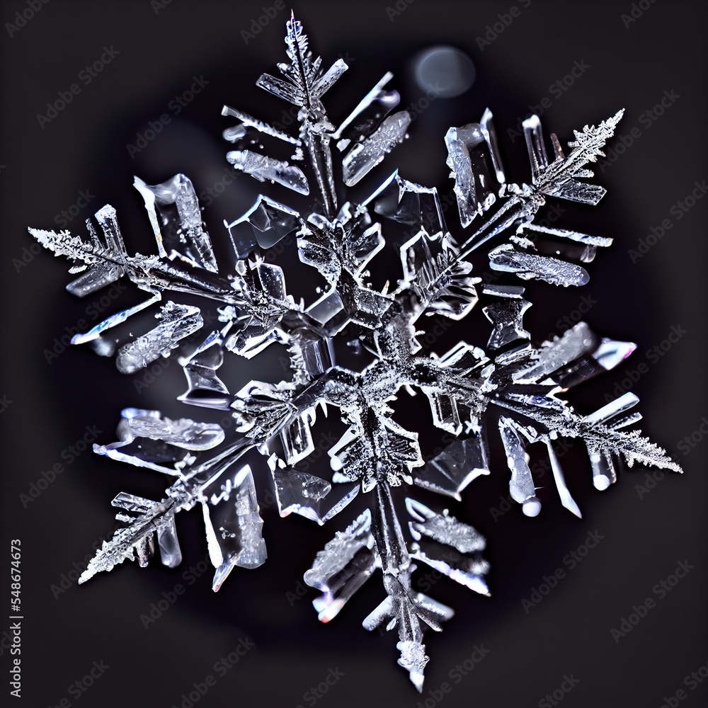 Poster a snowflake is shown in the dark with a black background and a white background with a black border 