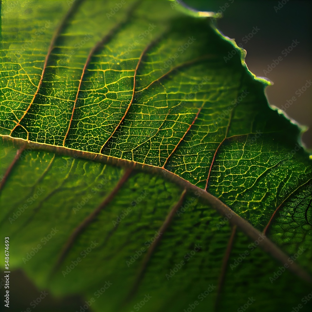 Poster a close up of a green leaf with a thin line of thin lines on it's surface generative ai