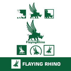 WINGED RHINO LOGO, simple silhouette of green strong animal flying vector illustrations