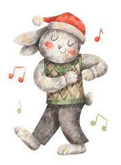 Christmas and New Year rabbit. Watercolor hand-drawn illustration of dancing rabbit. Symbol of new 2023 year