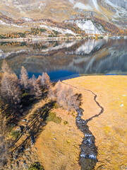 Aerial image of lake bank with running brooks on the Silsersee Lake in autumn color in St. Moritz, Switzerland