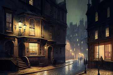 AI generated image of Victorian London on a moody evening with gas-lights, fog and cobble-stone streets
