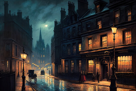 AI generated image of Victorian London on a moody evening with gas-lights, fog and cobble-stone streets