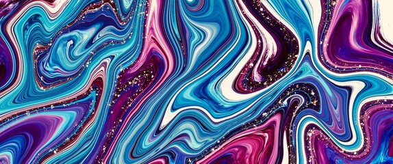 Obraz premium Popular color combination blue and magenta, alcohol ink background, unique watercolour marble texture, golden paths accent, luxury liquid texture for wall art decoration, bright blue 
