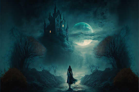 Digital art of a haunted castle and a ghost woman in a foggy Halloween night.