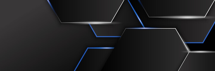 Dark blue and black abstract banner background. Blue geometry shine and layer element vector for presentation design. Suit for business, corporate, institution, party, festive, seminar, and talks.