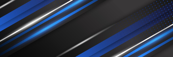 Obraz premium Dark blue and black abstract banner background. Blue geometry shine and layer element vector for presentation design. Suit for business, corporate, institution, party, festive, seminar, and talks.