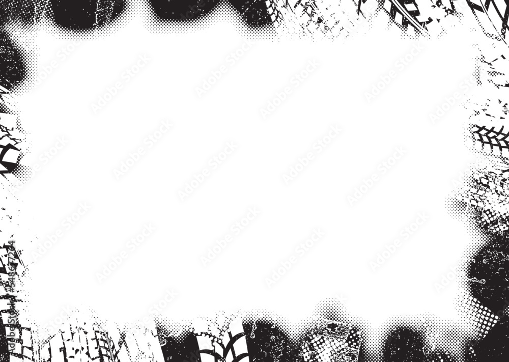 Poster Vector Print Textured Tire Track frame. Design Element . Car tread silhouette . Mud splash grunge texture. Drift show