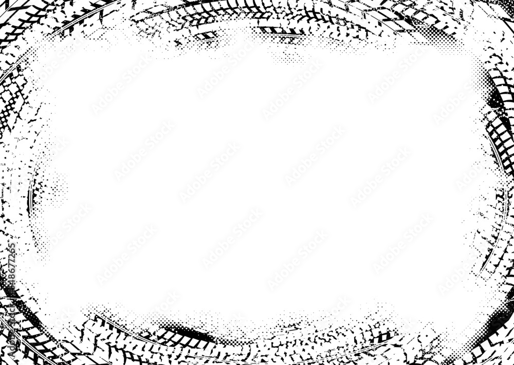 Poster Vector Print Textured Tire Track frame. Design Element . Car tread silhouette . Mud splash grunge texture. Drift show