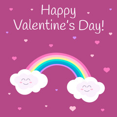 Postcard, banner, button, background for Valentine's Day with rainbow and happy smiling clouds and text Happy Valentine's Day on a pink background with hearts
