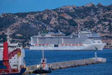 MSC cruiseship or cruise ship liner Grandiosa in Marseille Provence port during sunrise twilight...