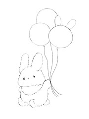 イラスト素材: 風船を片手に飛んでいるうさぎ(線画)