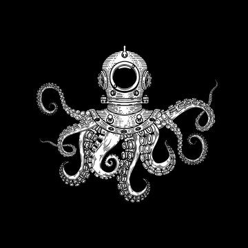 Illustration of vintage diver helmet with octopus tentacles. Design element for poster, card, t shirt. Vector illustration