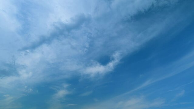 Cirrus or feather clouds against a blue sky. Natural beautiful scene. Purity and serenity concepts. Timelapse.