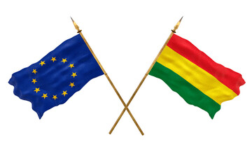 Background for designers. National Day. 3D model National flags European Union and Bolivia