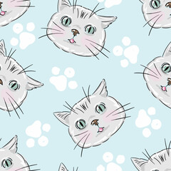 Blue and white cat seamless pattern. Meow and cat paws background vector illustration. Cute cartoon pastel character for nursery girl or boy baby print.