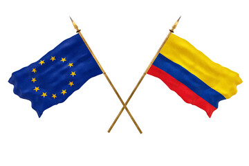 Background for designers. National Day. 3D model National flags European Union and Colombia