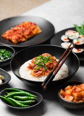 set of traditional korean food, rice, kimchi, kimbap, pickled vegetables, selective focus