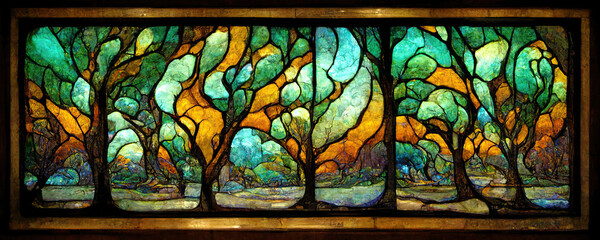 Stained glass of a forest in the style of Louis Comfort Tiffany. MidjourneyAI - obrazy, fototapety, plakaty