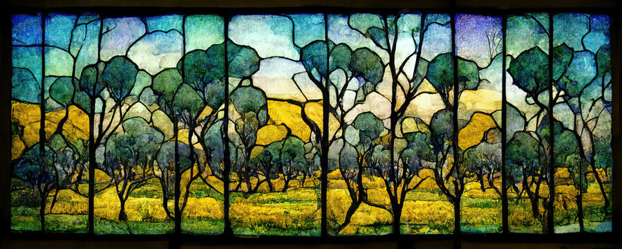 Stained glass of a forest in the style of Louis Comfort Tiffany. MidjourneyAI