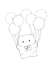 イラスト素材: 風船を両手に飛んでいる猫(線画)