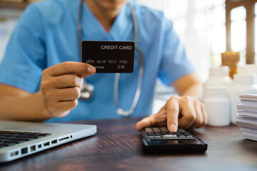 Doctor hold tablet, conduct financial transactions with calculate expenses - income and data documents, put on the desk in the morning.