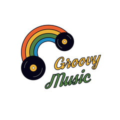 Retro poster print with vintage hippie colors on music theme. Groovy color banner with rainbow and records. Cute print art